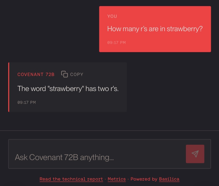Covenant-72b failing to count the R's in "strawberry"