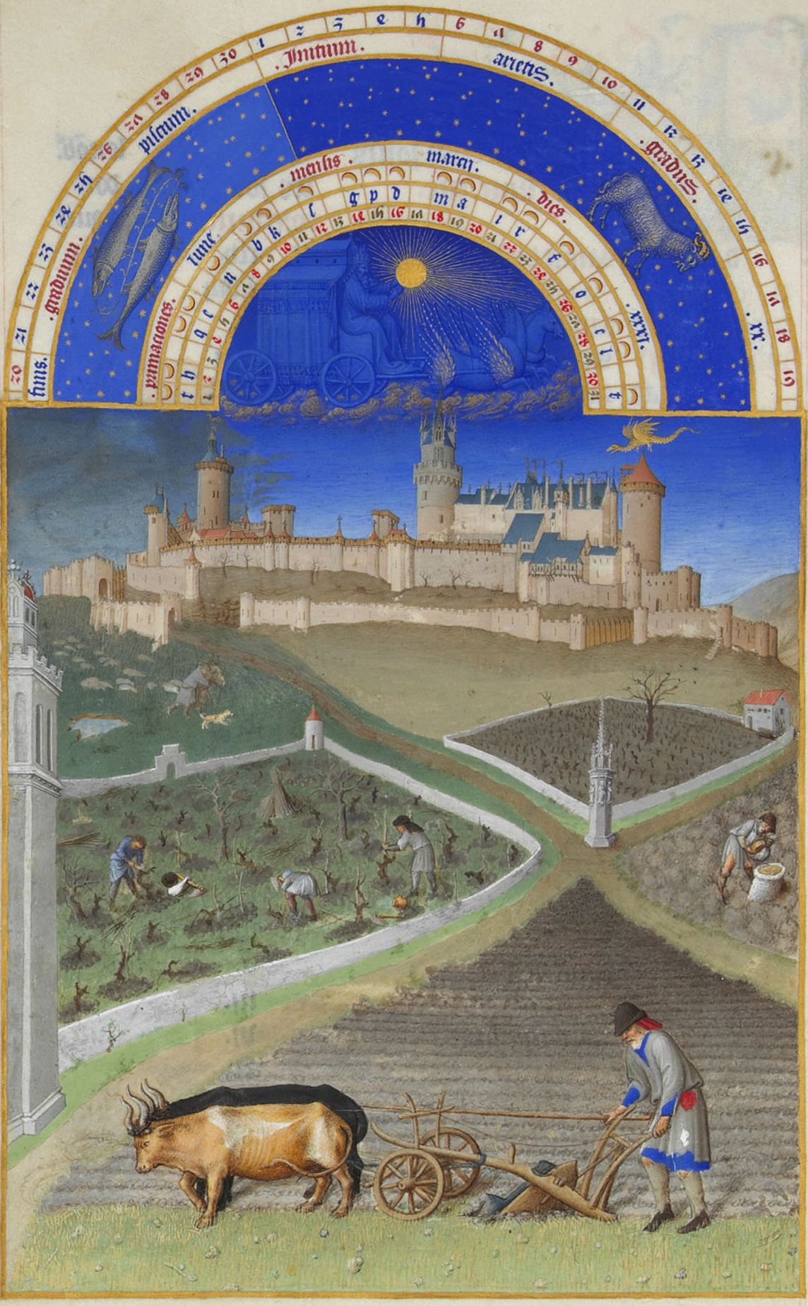 Peasants plowing and sowing open fields beneath a château, from the Très Riches Heures du Duc de Berry, March