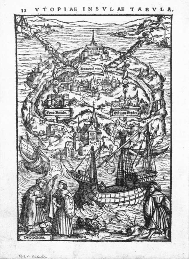 Woodcut map of the island of Utopia by Ambrosius Holbein, 1518, showing Raphael Hythloday in the foreground